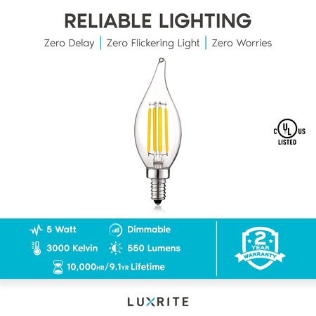 Luxrite CA11 LED Light Bulbs 5W (60W Equivalent) 550LM 3000K Soft White Dimmable E12 Candelabra Base 6-Pack LR21595-6PK